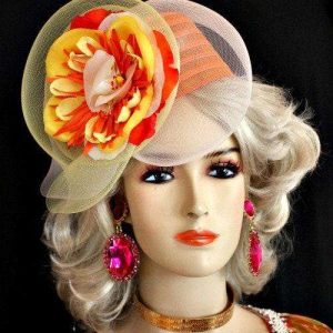 Cocktail Hat Orange Yellow Flapper Headpiece, Women's Designer Hats Pillbox Q221
