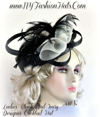 Ladies Black Ivory Pillbox Cocktail Hat Wedding Fascinators, Designer Dress Church Hats U91r - Image 2