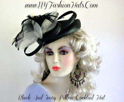 Ladies Black Ivory Pillbox Cocktail Hat Wedding Fascinators, Designer Dress Church Hats U91r