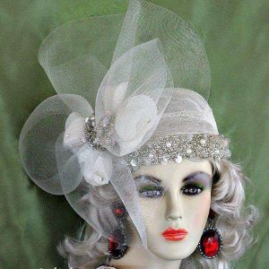 Women's Sheer Ivory Flapper Bridal Wedding Cocktail Hat Rhinestones Glass Beads, Church Formal Brides Pillbox Hats Headpiece