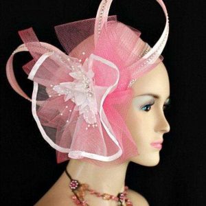 Women's Pink White Designer Cocktail Wedding Pillbox Hat Rhinestone Flowers, Kentucky Derby Church Bridal Hats Q12