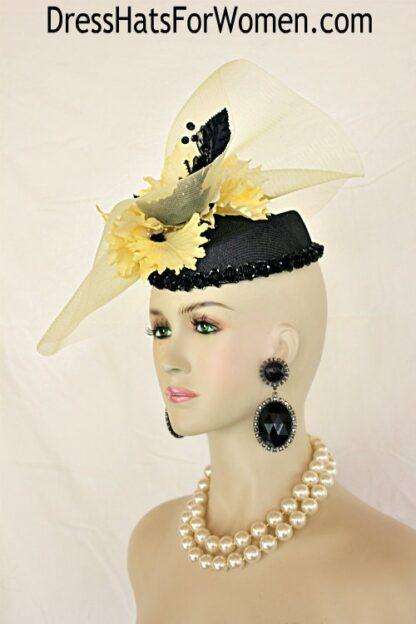 Couture Statement Wedding Fascinator Headpiece Black Yellow Pillbox Hats, Kentucky Derby Hat, Hats For Church Formals Races B4y - Image 2