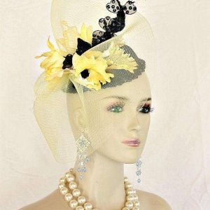 Couture Statement Wedding Fascinator Headpiece Black Yellow Pillbox Hats, Kentucky Derby Hat, Hats For Church Formals Races B4y