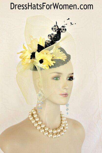 Couture Statement Wedding Fascinator Headpiece Black Yellow Pillbox Hats, Kentucky Derby Hat, Hats For Church Formals Races B4y