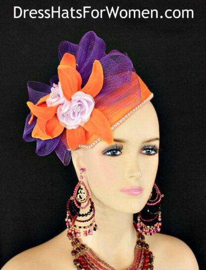 Women's Orange Lavender Purple Pillbox Hat, Cocktail Wedding Hat Fascinator, Kentucky Derby Hat, Hats For Horse Races, Spring Color Hat Y67D - Image 3