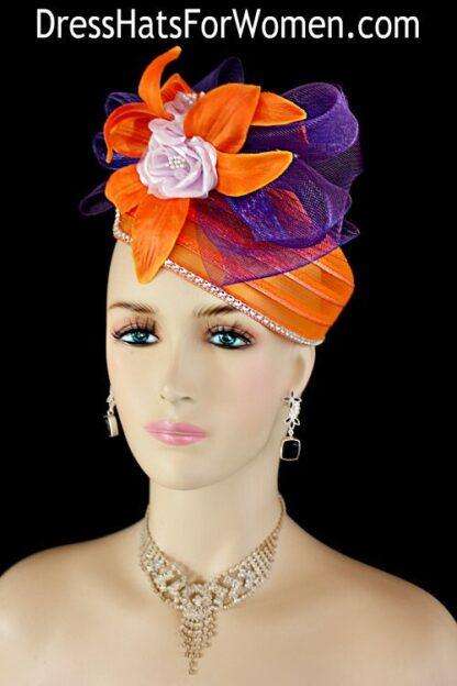 Women's Orange Lavender Purple Pillbox Hat, Cocktail Wedding Hat Fascinator, Kentucky Derby Hat, Hats For Horse Races, Spring Color Hat Y67D