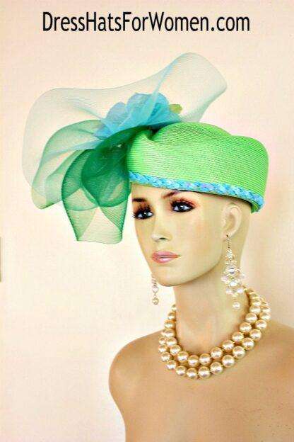 Hat Lime Kelly Green Baby Turquoise Blue Pillbox Dramatic Women's Wedding Church Hats 222 - Image 3