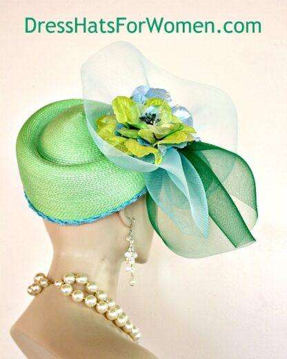 Hat Lime Kelly Green Baby Turquoise Blue Pillbox Dramatic Women's Wedding Church Hats 222 - Image 2