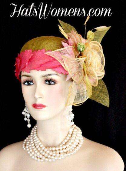 Olive Lime Green Ivory Sinamay Straw Cloche Flapper Wedding Bridal Cocktail Pillbox Hat With Hot Pink Flowers, Designer Fashion Kentucky