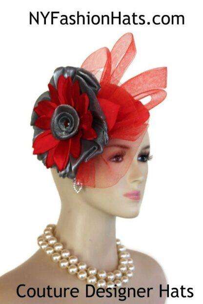 Women's Handmade Red Gray Pillbox Cocktail Hat, Wedding Bridal Fascinator Dress Hat, Couture Designer Hats For Women, NYFashionHats, Dina - Image 3