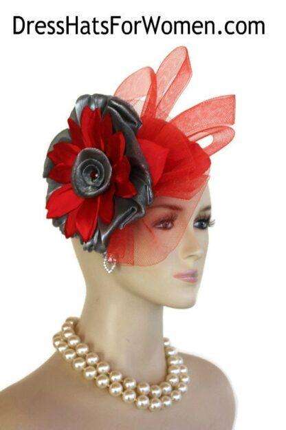 Women's Handmade Red Gray Pillbox Cocktail Hat, Wedding Bridal Fascinator Dress Hat, Couture Designer Hats For Women, NYFashionHats, Dina