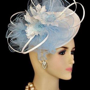 White Baby Blue Saucer Hat Wedding Fascinator, Royal Ascot, Kentucky Derby Hat Custom