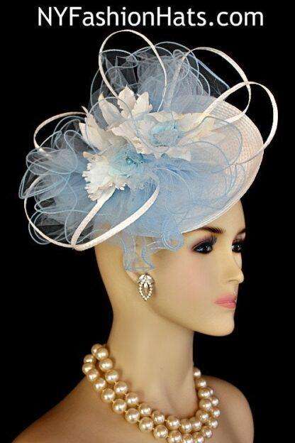 White Baby Blue Saucer Hat Wedding Fascinator, Royal Ascot, Kentucky Derby Hat Custom