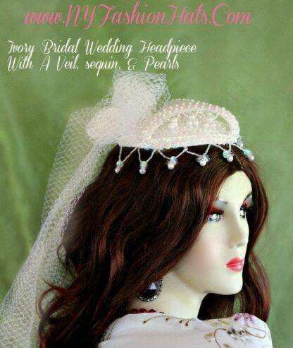 Women's Ivory Satin Beaded Pearl Wedding Veil Headpiece Cocktail Hat