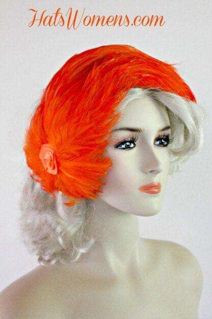 Ladies Vintage Orange Cocktail Hat Headpiece With Feathers, 1920's Flapper Hats - Image 2