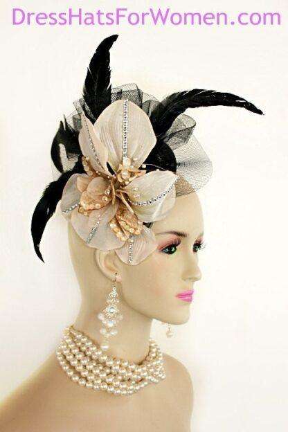 Black Champagne Taupe Beige Sinamay Straw Wedding Fascinator Cocktail Hat, Women's Kentucky Derby Hats, Spring Races - Image 3