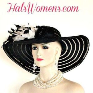 Women's Black Kentucky Derby Hat With Feathers, Hats For Horse Races, Big Large Brim Hat, NYFashionHats Custom Millinery, Delta