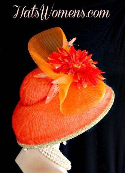 Ladies Coral Orange Metallic Gold Straw Lampshade Wide Brim Kentucky Derby Hat, Church Bridal Wedding Formal Hats - Image 2