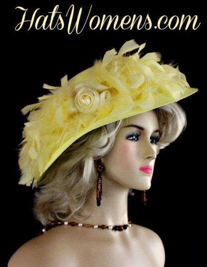 Hats For Horse Races, Kentucky Derby Hats, Ladies Yellow Kentucky Derby Hat Feathers Satin Rose, Designer Fashion Dress Wedding Hats, Liza