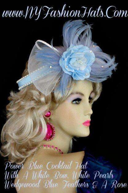 Baby Blue White Cocktail Designer Hat, Wedding Fascinator, Bridal Headpiece U8822