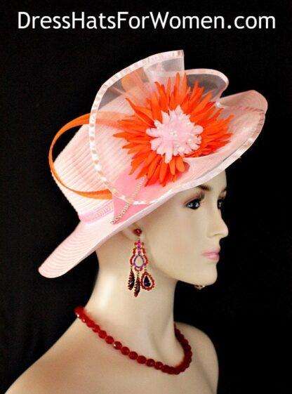 Kentucky Derby Hats, Women's Pink Orange Designer Brim Special Occasion Custom Dress Hat 77a - Image 3