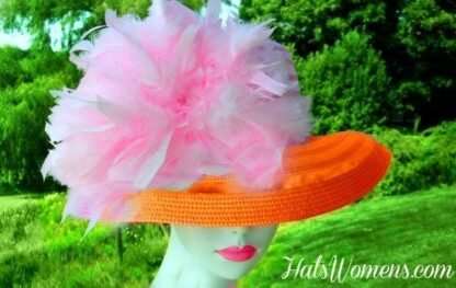 Orange Pink Kentucky Derby Hat, Feather Hats, Hats For Horse Races, Women's Couture Designer Hats, NYFashionHats Millinery Apparel, Dawn