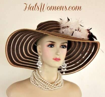 Ladies Brown White Wide Brim Church Wedding Designer Fashion Hat Feathers Roses, Belmont Stakes Hats - Image 2