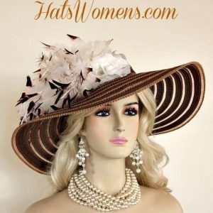 Ladies Brown White Wide Brim Church Wedding Designer Fashion Hat Feathers Roses, Belmont Stakes Hats