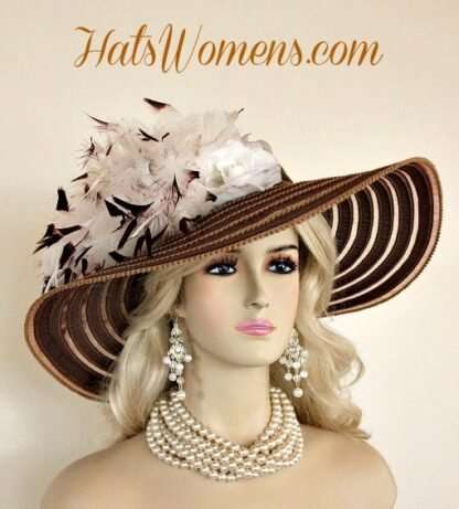 Ladies Brown White Wide Brim Church Wedding Designer Fashion Hat Feathers Roses, Belmont Stakes Hats