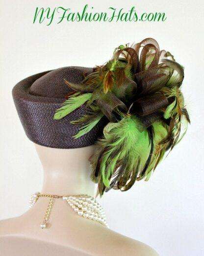 Women's Designer Brown Lime Green Pillbox Hat Feathers, Special Occasion Dress Hats - Image 2