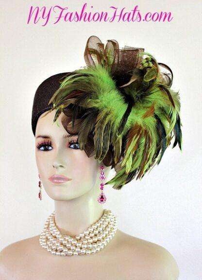 Women's Designer Brown Lime Green Pillbox Hat Feathers, Special Occasion Dress Hats