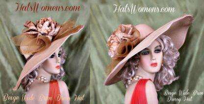 Ladies Beige Wide Brim Kentucky Derby Hat Wedding Hats 221 - Image 3