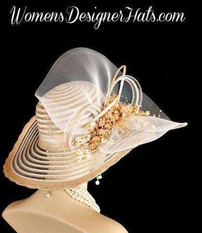 Beige Designer Fashion Wedding Hat Coffee Brown Roses Dress Hats - Image 2