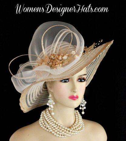 Beige Designer Fashion Wedding Hat Coffee Brown Roses Dress Hats