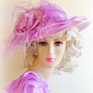 Lavender Purple Satin Bridal Wedding Hat, Elegant Dress Hat With Feathers, Hats For Horse Races, NYFashionHats, CoutureDesignerHats Connie