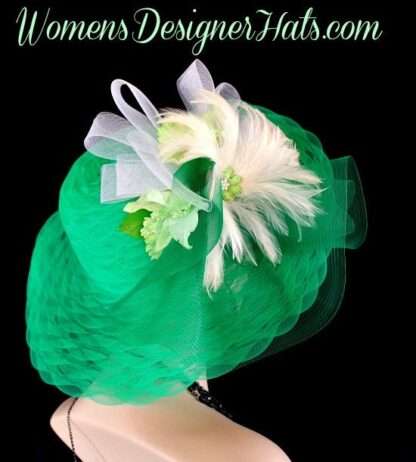 Kelly Green White Wedding Church Temple Hat, Hats For Horse Races, Kentucky Derby Hats, Wide Brim Hat NYFashionHats, CoutureDesignerHats, K0 - Image 2