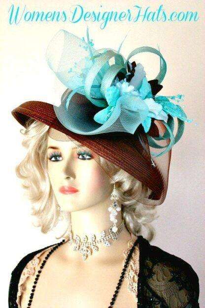 Brown Aqua Turquoise Straw Kentucky Derby Hat, Women's Designer Hats - Image 2