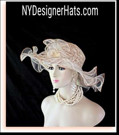 Ladies Coffee Beige Ivory Ruffled Edge Wide Brim Dress Hat, Hats For Weddings Brides, Designer Church Hats For Women, NYFashionHats Donna - Image 3