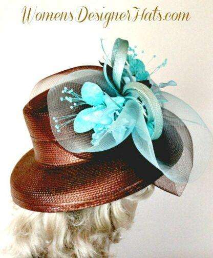 Brown Aqua Turquoise Straw Kentucky Derby Hat, Women's Designer Hats - Image 3