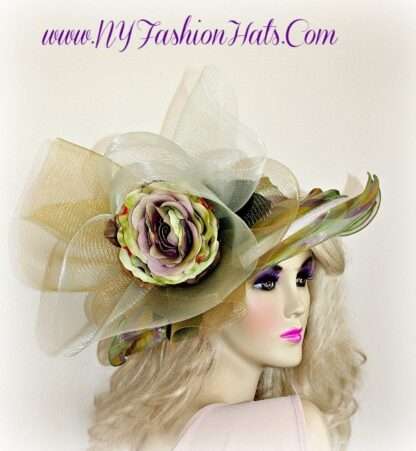 White Olive Green Purple Hat With Feather And Flowers Ladies Hats, Couture Designer Hats, NYFashionHats Millinery, Formal Wedding Hat Shania - Image 2