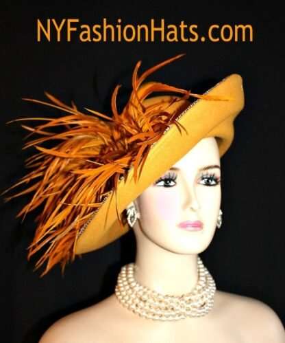 Women's Couture Designer Hats, Mustard Yellow Antique Gold Abstract Brim Formal Hat, Temple Church Hat, NYFashionHats Millinery, Lilya - Image 2