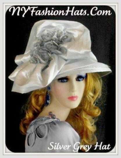 Haute Couture Designer Hats For Women, Silver Grey Big Bow Flower Church Wedding Dress Hat, Hats For Horse Races, NYFashionHats Millinery