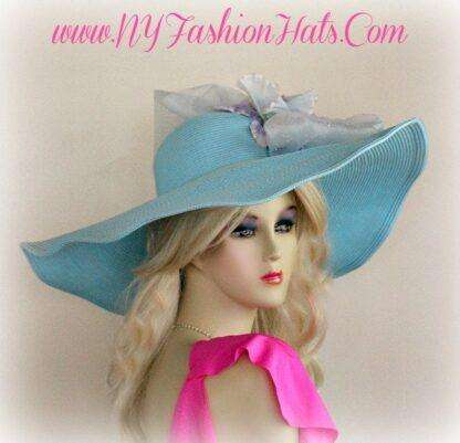 Luxury Statement Haute Couture Designer Hat For Women, Pastel Blue Lavender Wide Brim Hat, Formal Wedding Hat Horse Races, NYFashionHats - Image 3