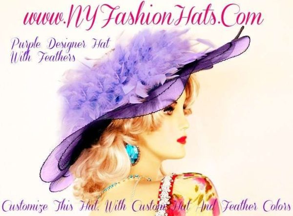Haute Couture Statement Hat, Purple Wide Scallop Brim Designer Hat With Custom Feather Color Choices, NYFashionHats, Hats For Horse Races