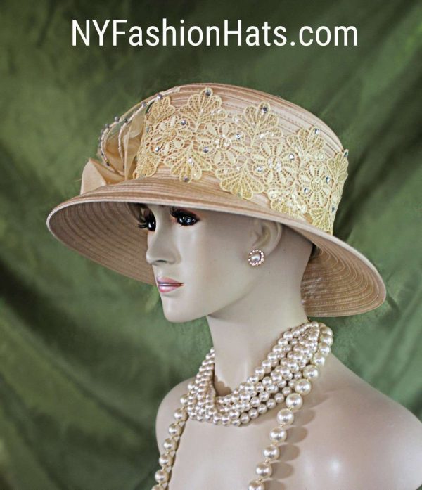 Women's Champagne Beige Embroidered Designer Satin Dress Hat, Elegant Wedding Church Formal Sabbath Hat, Hats For Holidays, NYFashionHats - Image 3