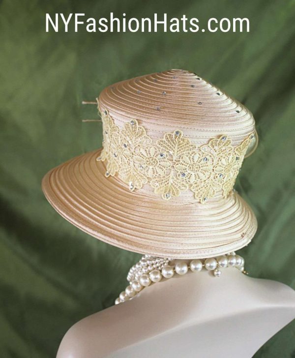 Women's Champagne Beige Embroidered Designer Satin Dress Hat, Elegant Wedding Church Formal Sabbath Hat, Hats For Holidays, NYFashionHats - Image 5