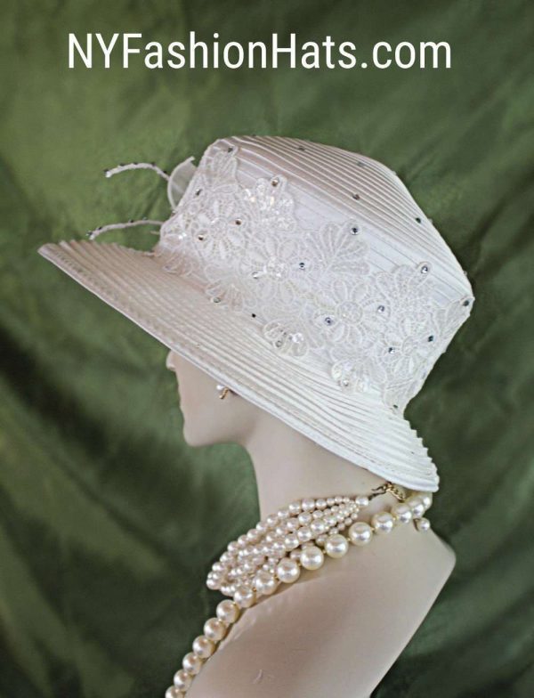 Women's White Embroidered Designer Satin Dress Hat, Hats For Brides, Wedding Church Formal Sabbath Hat, Hats For Holidays, NYFashionHats Bea - Image 3