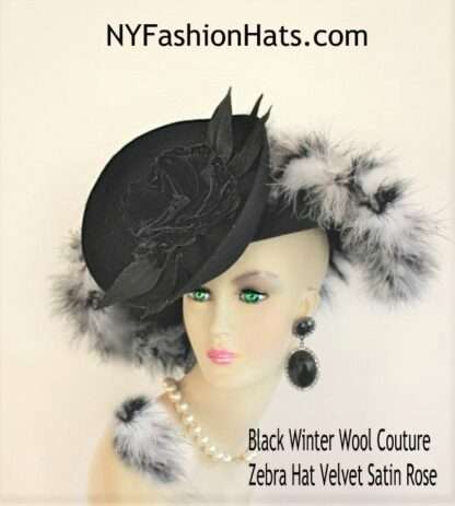 Women's Black White Haute Couture Zebra Winter Wool Hat, NYFashionHats