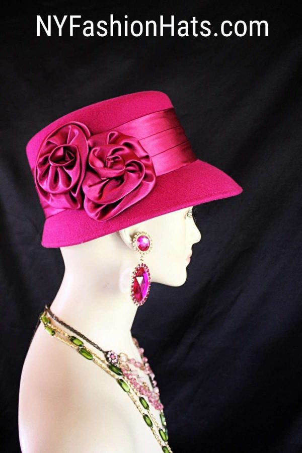 Hot Pink Winter Wool Dress Casual Urban Hat, Couture Designer Hats, Hats For Sabbath, Church Hats, NY Fashion Hats Millinery, Chaka - Image 4