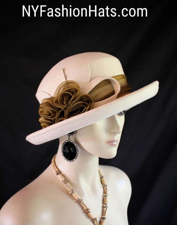 Beige Bronze Brown Wool Dress Casual Urban Hat, Couture Designer Hats, Hats For Sabbath, Church Hats, NY Fashion Hats Millinery, Jolie